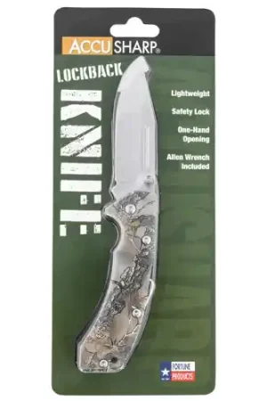 Available Now - ACCUSHARP Lockback 3 Folding Clip Point Plain SS Camo G10