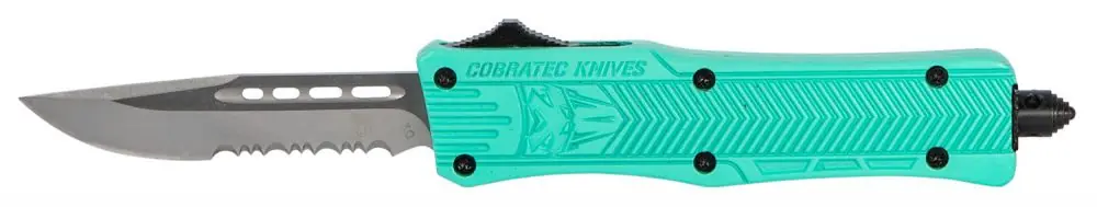 Newly Added - Cobratec CTK-1 Small 2.75" Drop Point Part Serrated D2 Steel Tiffany Blue Aluminum Handle OTF