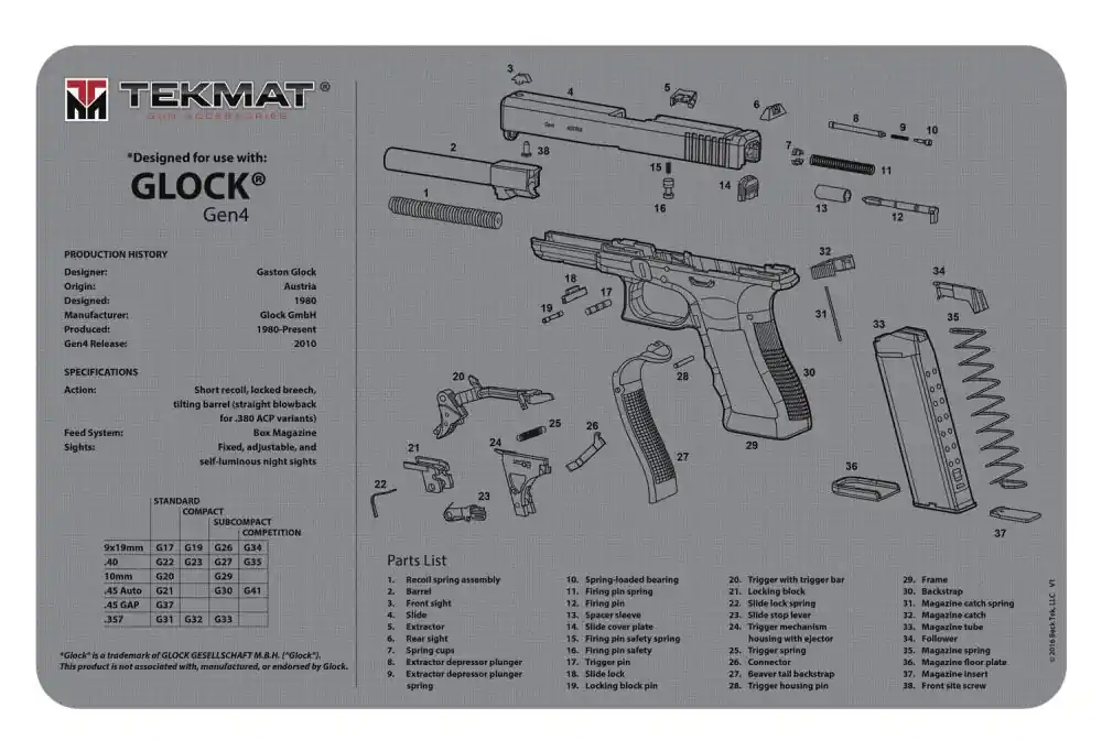Easy Checkout - TekMat TEKR17G4GY Original Cleaning Mat For Glock Gen4 Parts Diagram Gray