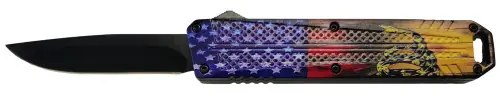 Going Fast | Xcaliber Knife Company Don't Tread on Me Medium 3.20 inch OTF Drop Point Plain Black 440C SS US Flag Aluminum Handle