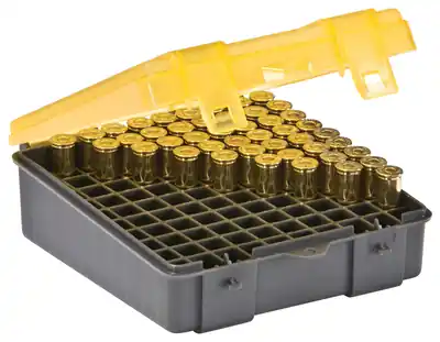 Plano Flip Top Handgun Ammo Case 100 Round .38 Special/.38 S&W/.357 Magnum Gray/Amber | Top Quality